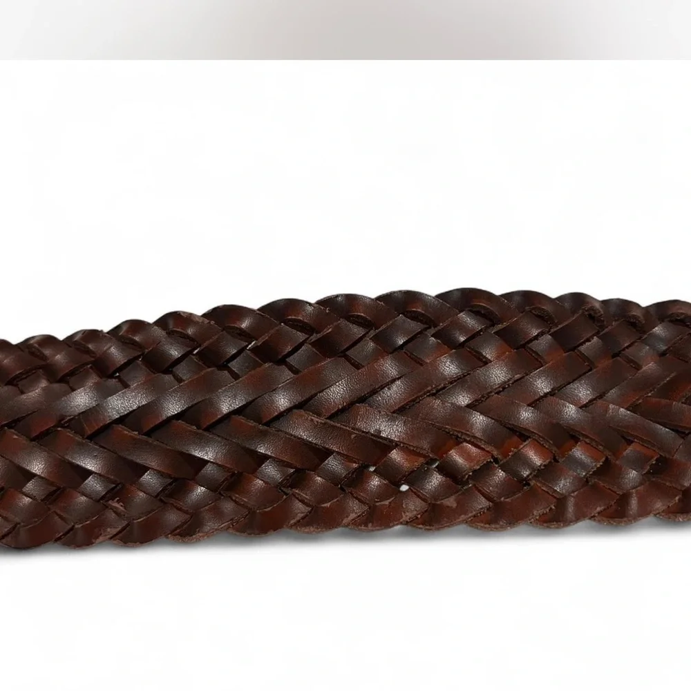 CAbi Wide Woven Brown Leather Boho Belt Brass Gold Tone Hardware Woman's M